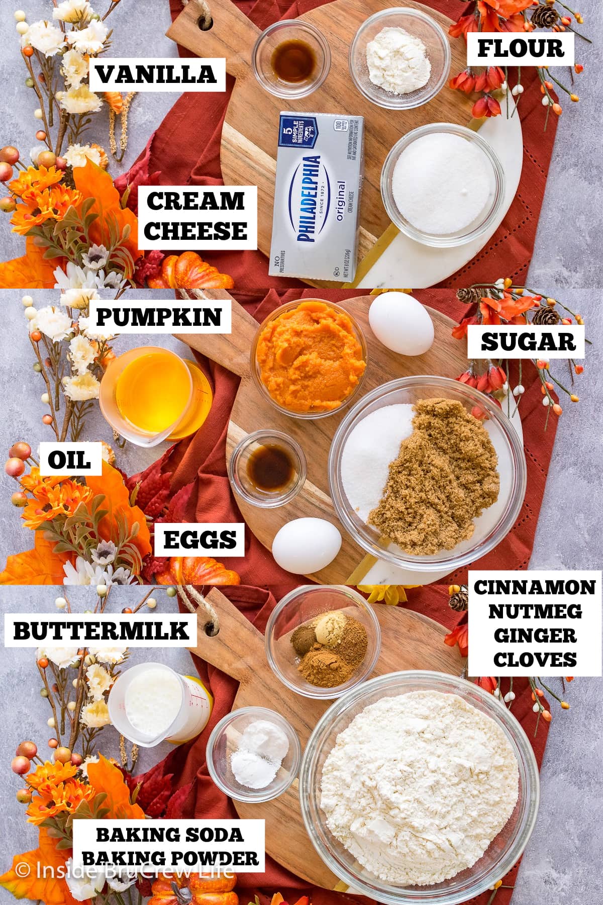 Bowls of ingredients needed to make fall muffins.