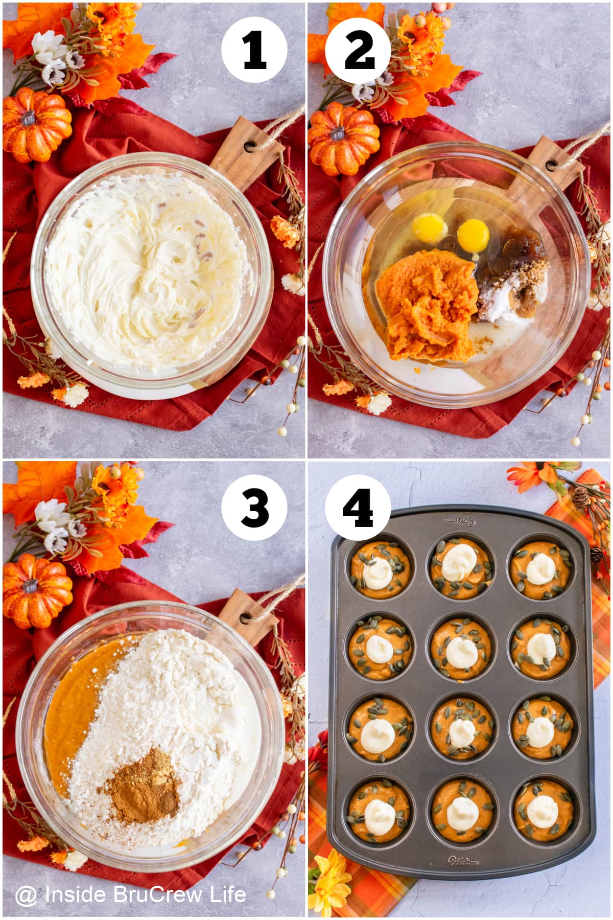 Four pictures collaged together showing how to make pumpkin muffins.