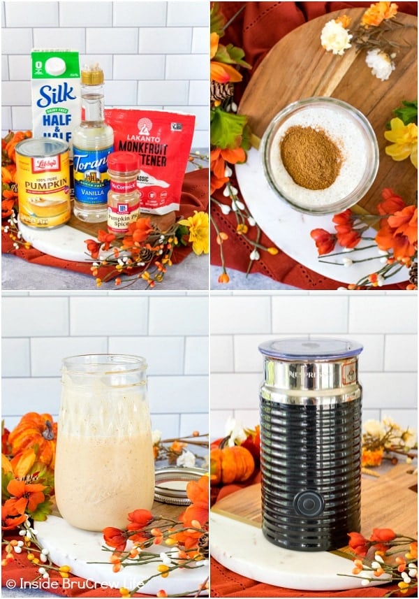 Four pictures collaged together showing how to make the pumpkin cold foam for a pumpkin cream cold brew