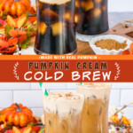 Two pictures of pumpkin cream cold brew collaged with a red text box.
