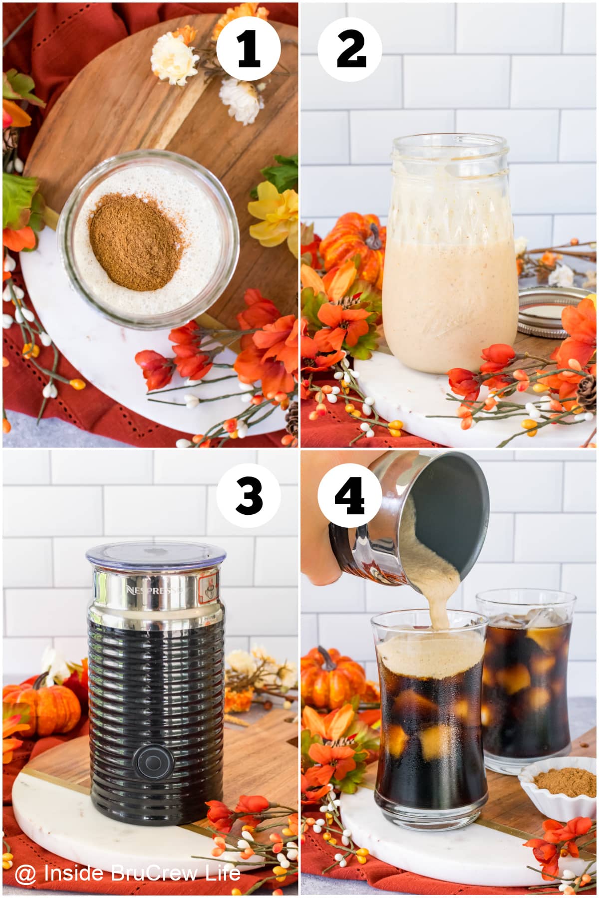 Four pictures collaged together showing how to make pumpkin cream cold foam.