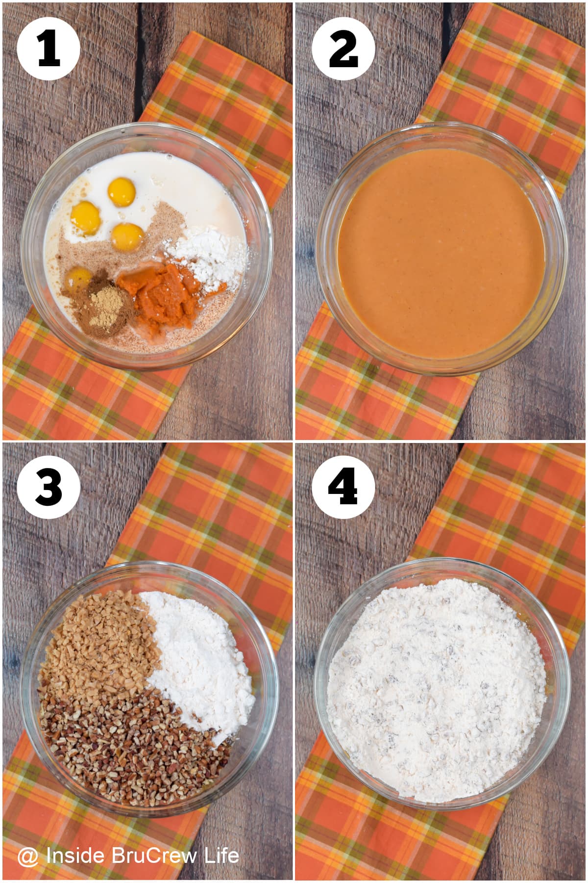 Four pictures showing how to make pumpkin filling and streusel topping.