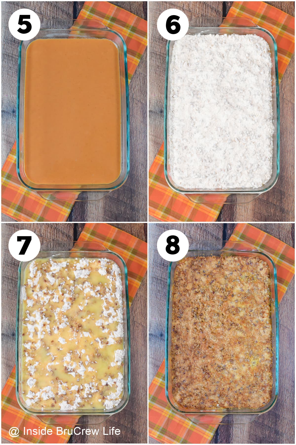 Four pictures showing the steps to baking a pumpkin cobbler.