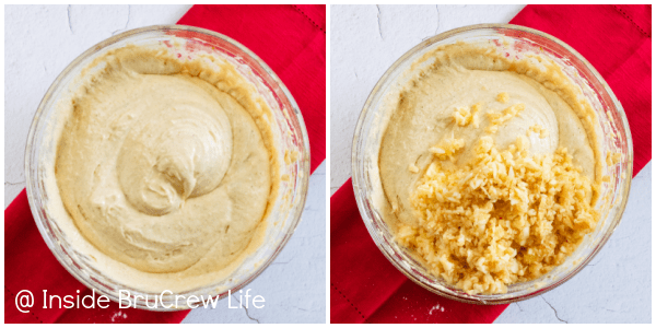 Two pictures of a bowl of cake batter and apples collaged together.