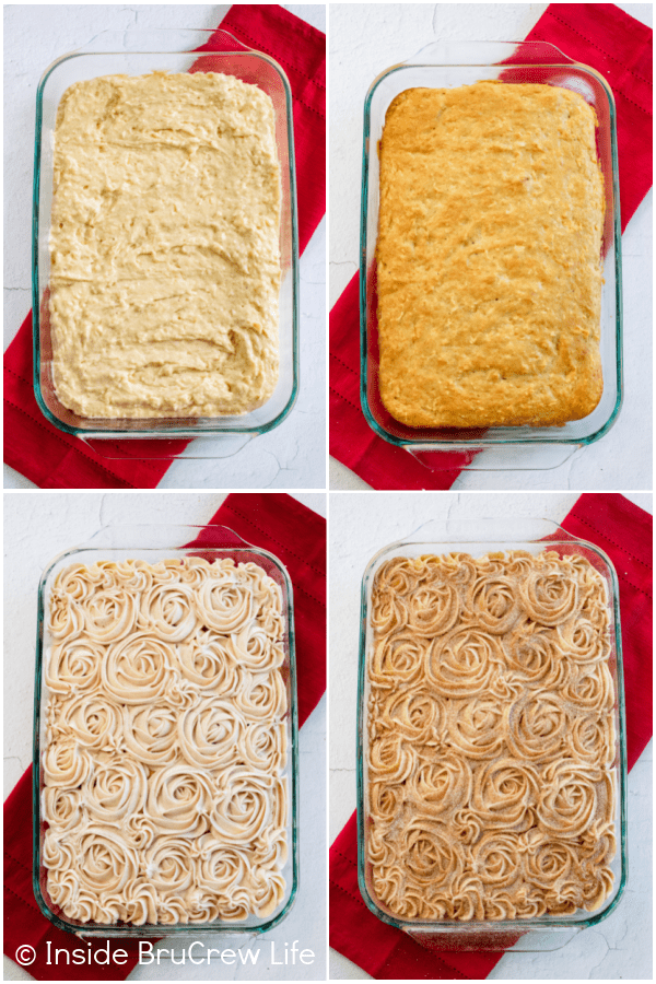 Four pictures collaged together showing the steps to frosting a snickerdoodle apple cake.