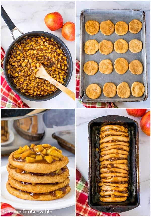 Four pictures collaged together showing how to make apple cinnamon pull apart bread