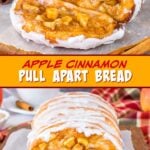 Two pictures of apple bread collaged with a yellow text box.