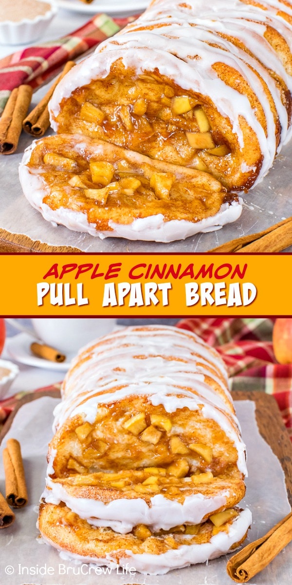 Two pictures of apple cinnamon pull apart bread collaged together with a yellow text box