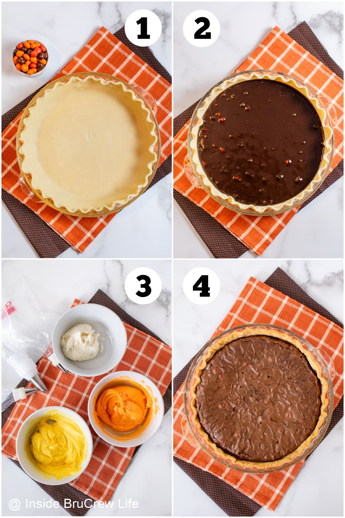 Four pictures collaged together showing how to make a brownie pie.