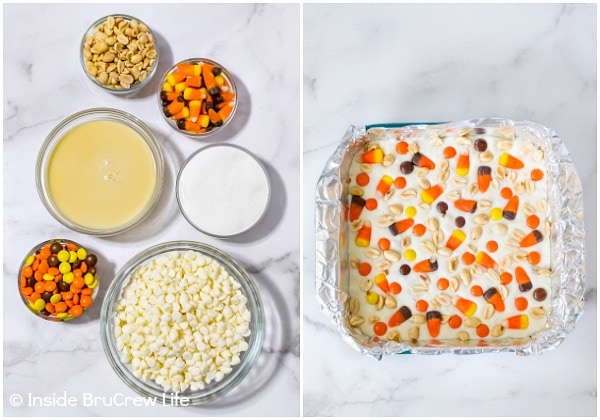 Two pictures collaged together showing the ingredients and how to make candy corn fudge