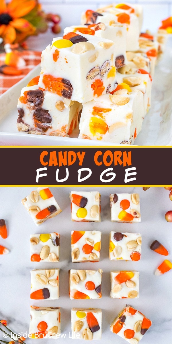 Two pictures of candy corn fudge collaged together with a brown text box