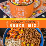 Two pictures of candy corn mix with an orange text box.