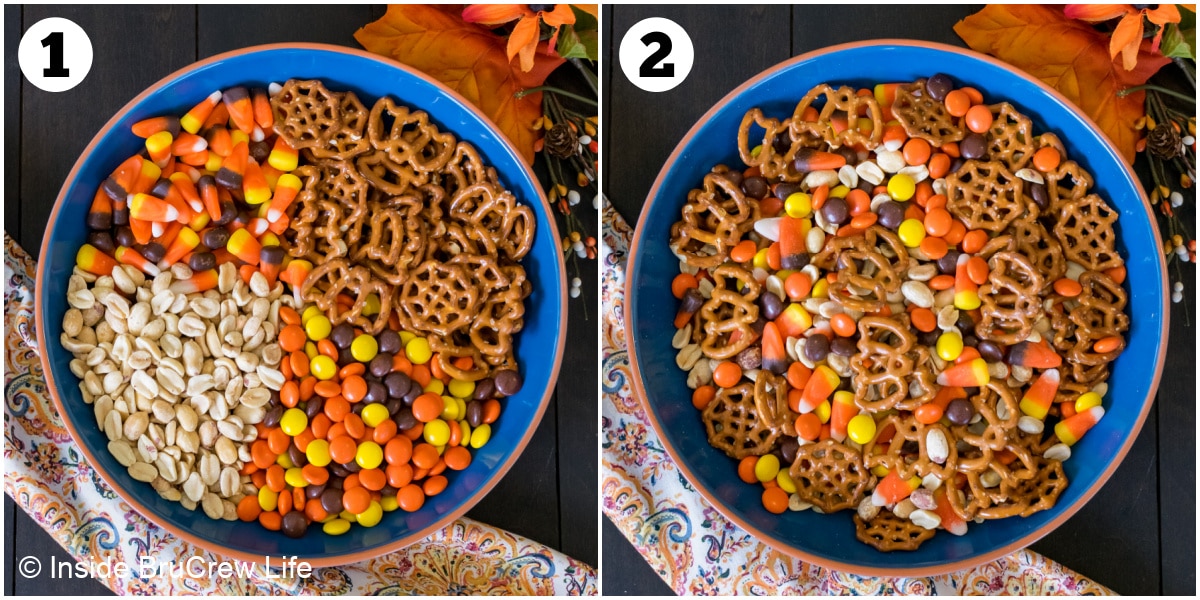Two pictures collaged together showing how to make a snack mix.