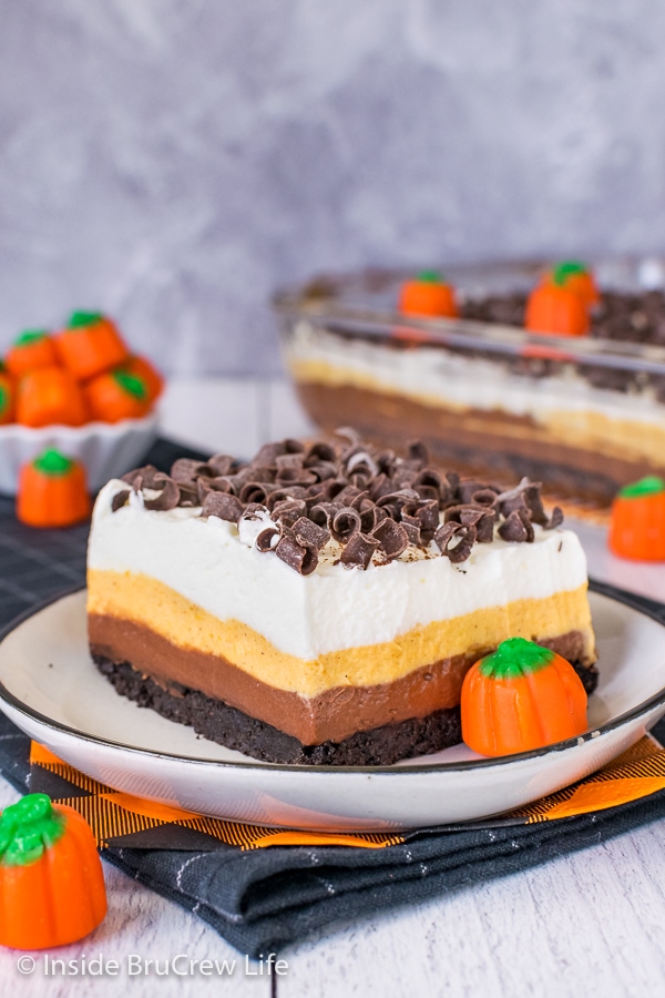 A white plate with a square of chocolate pumpkin lasagna topped with chocolate curls and a pan of dessert lasagna behind it