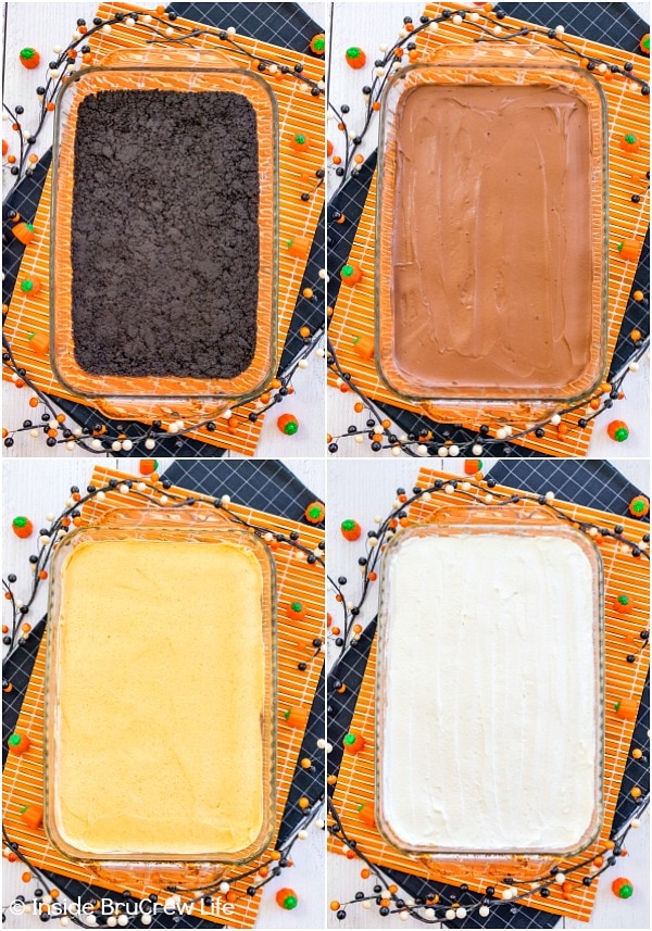 Four pictures collaged together showing how to make the layers in chocolate pumpkin lasagna