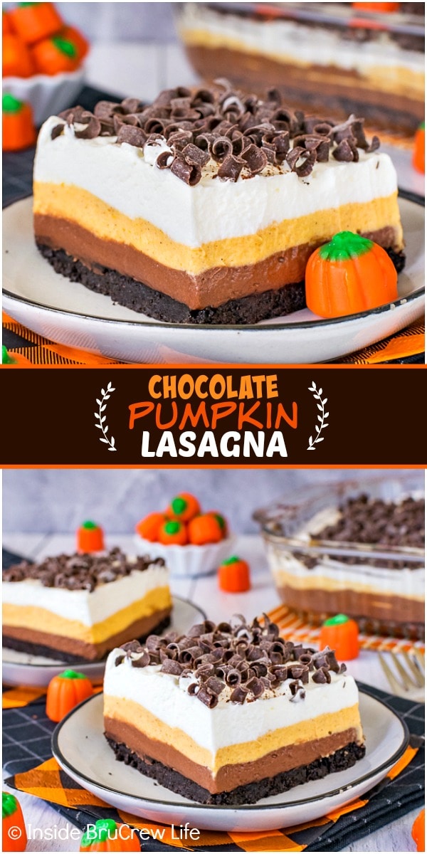 Two pictures of Chocolate Pumpkin Lasagna collaged together with a brown text box