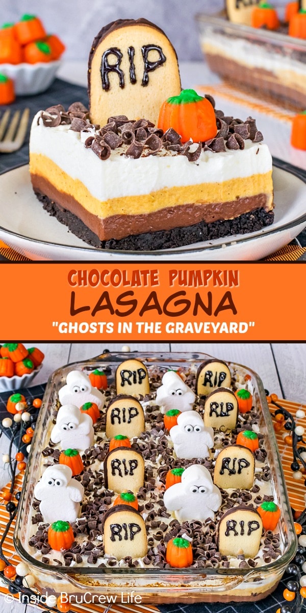 Two pictures of Chocolate Pumpkin Lasagna decorated as Ghosts in the Graveyard collaged together with an orange text box