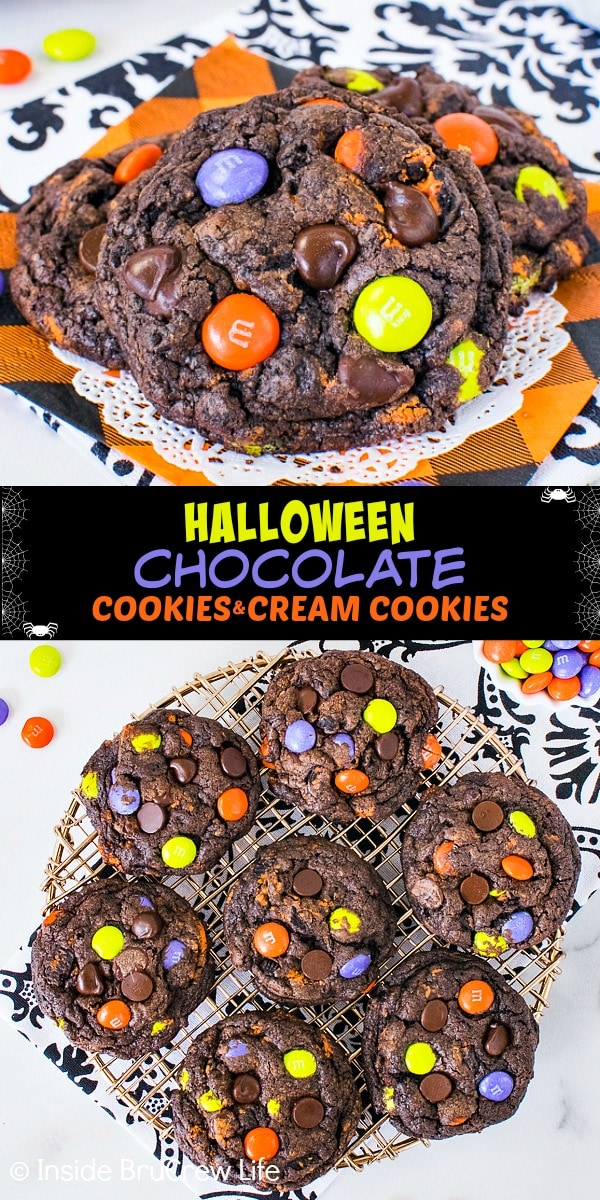 Two pictures of Halloween Chocolate Cookies and Cream Cookies collaged together with a black text box