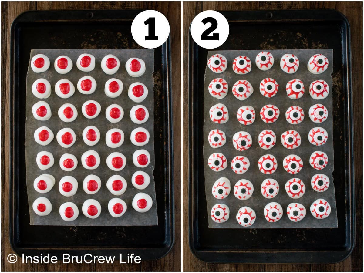 Two pictures collaged together showing how to turn peanut butter balls into zombie eyes.