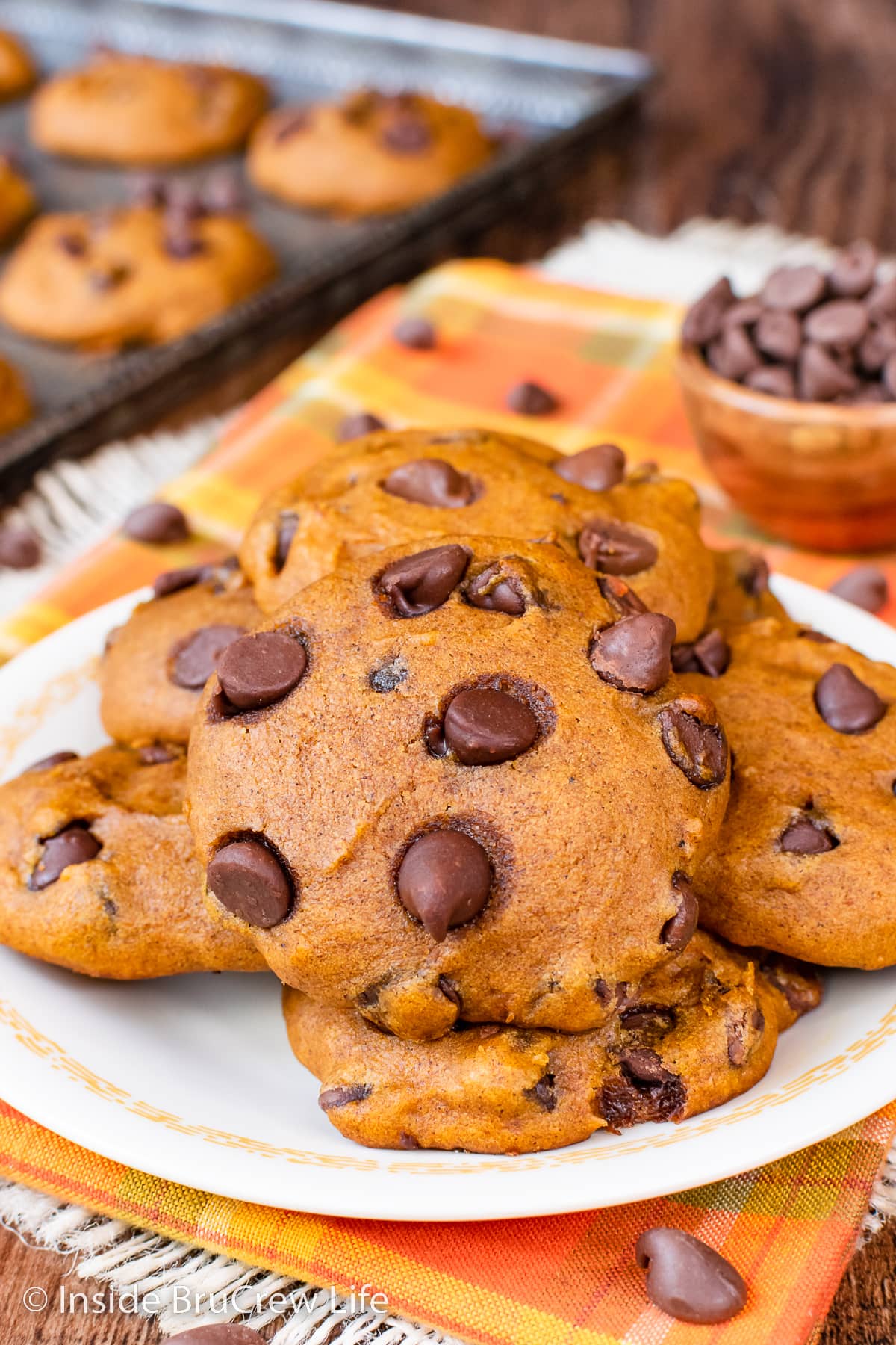 A pile of pumpkin cookies on a white plate.