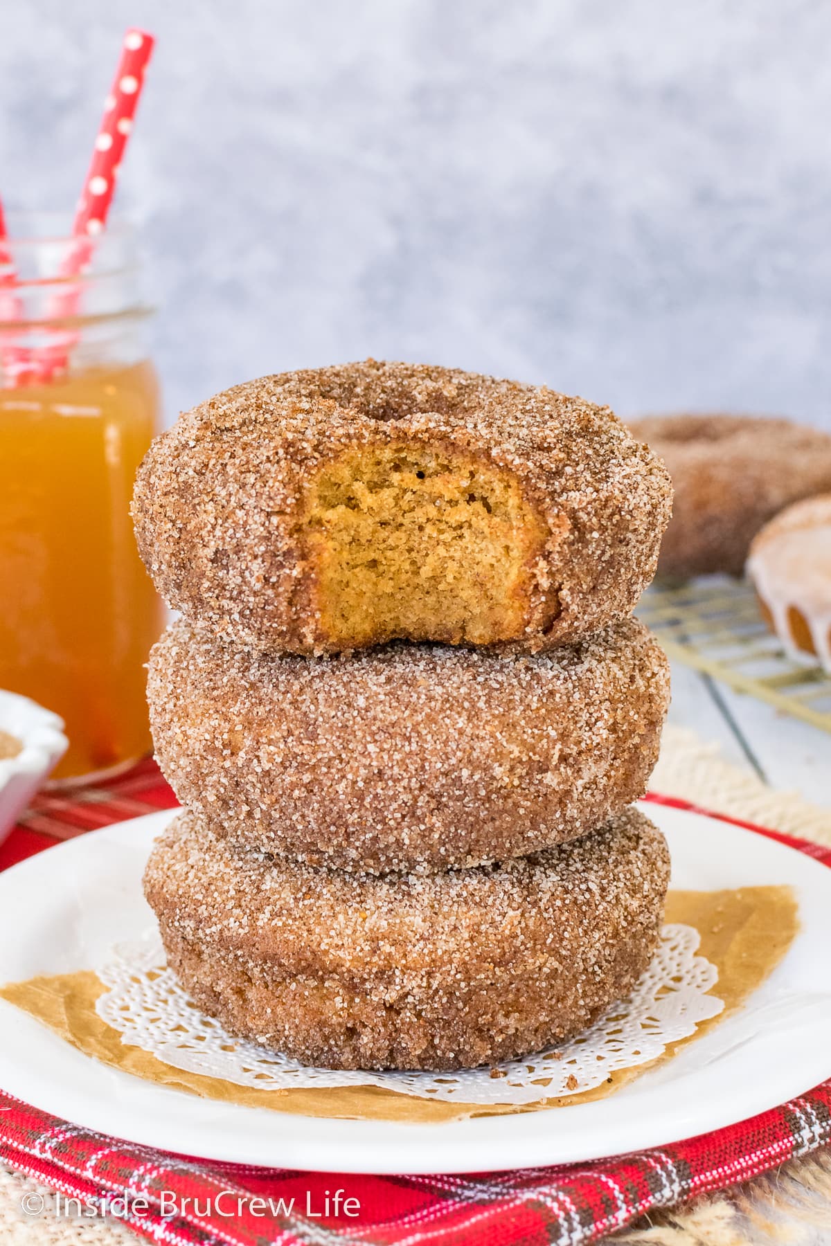Three apple cider donuts stacked on a plate.