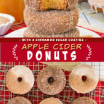 Two pictures of apple cider donuts with a red text box.