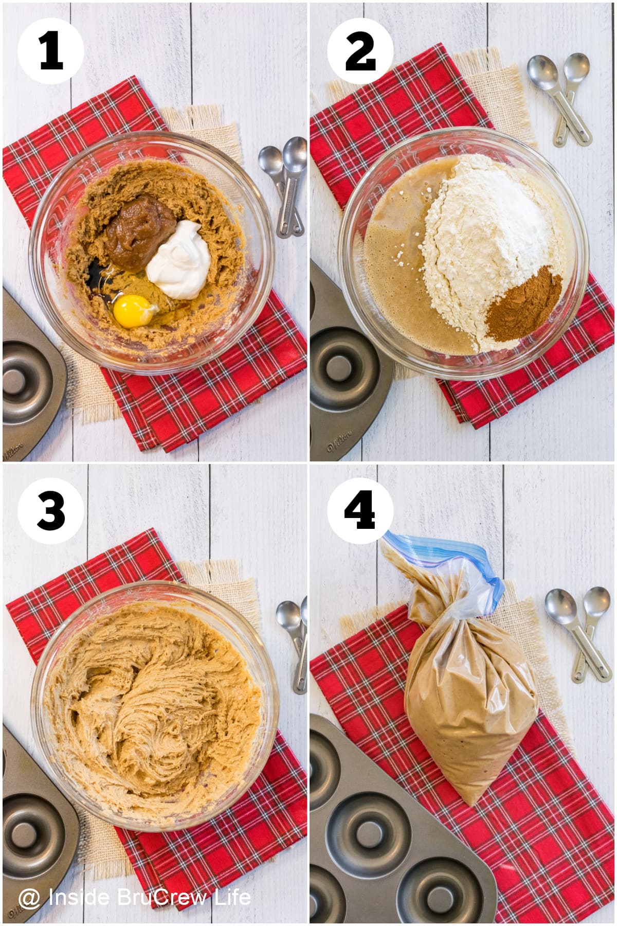 Four pictures collaged together showing how to make apple cider donut batter.