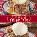 Two pictures of apple crisp pie collaged with a red text box.