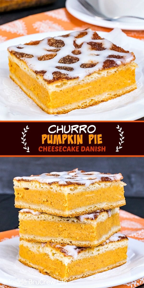 Two pictures of churro pumpkin pie cheesecake danish collaged together with a dark brown text box