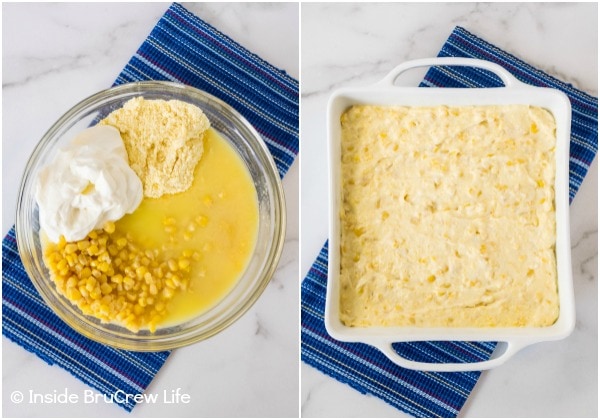 Two pictures collaged together showing how to make easy jiffy corn casserole.