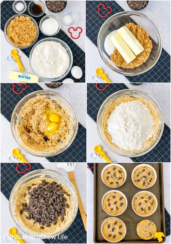 Six pictures collaged together showing how to make the dough for chocolate chip cookies.