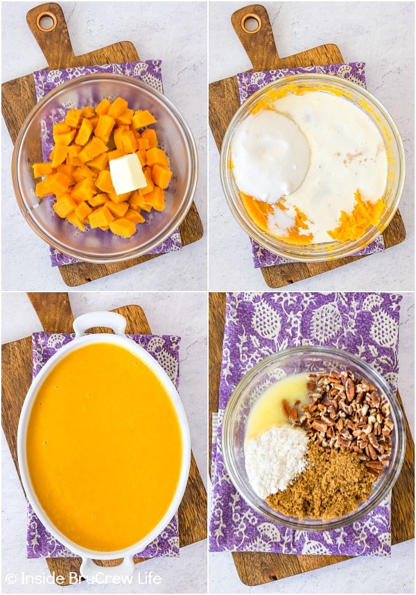 Four pictures collaged together showing how to make a sweet potato souffle