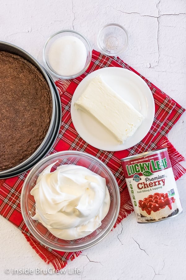 Overhead picture of the ingredients needed to make a cherry brownie cake.