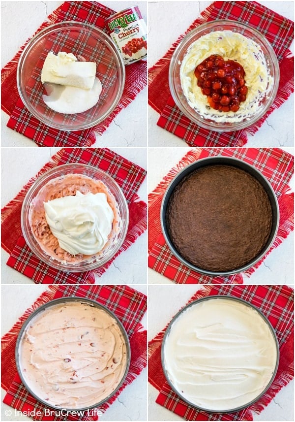 Collage of six photos showing how to put together a brownie cake.