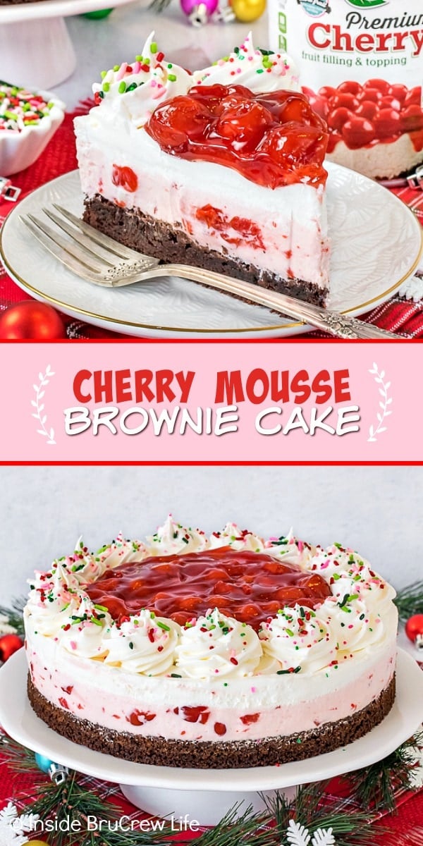 Two pictures of cherry mousse brownie cake collaged together with a pink text box.