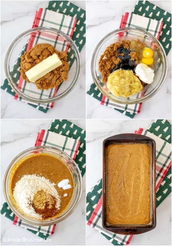 Four pictures collaged together showing how to make gingerbread banana bread.