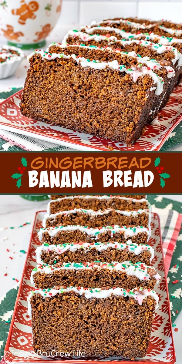 Two pictures of Gingerbread Banana Bread collaged together with a brown text box