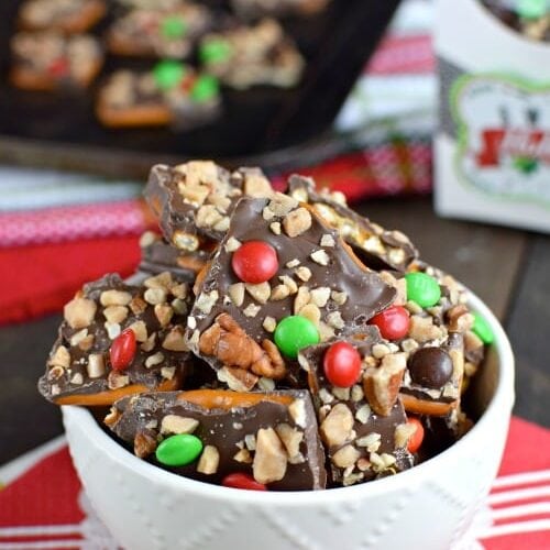 M&M Pecan Toffee Pretzel Bark