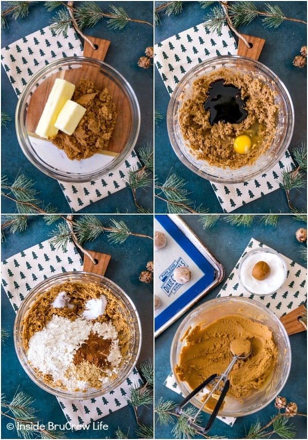 Four pictures collaged together showing how to make the dough for molasses crackle cookies