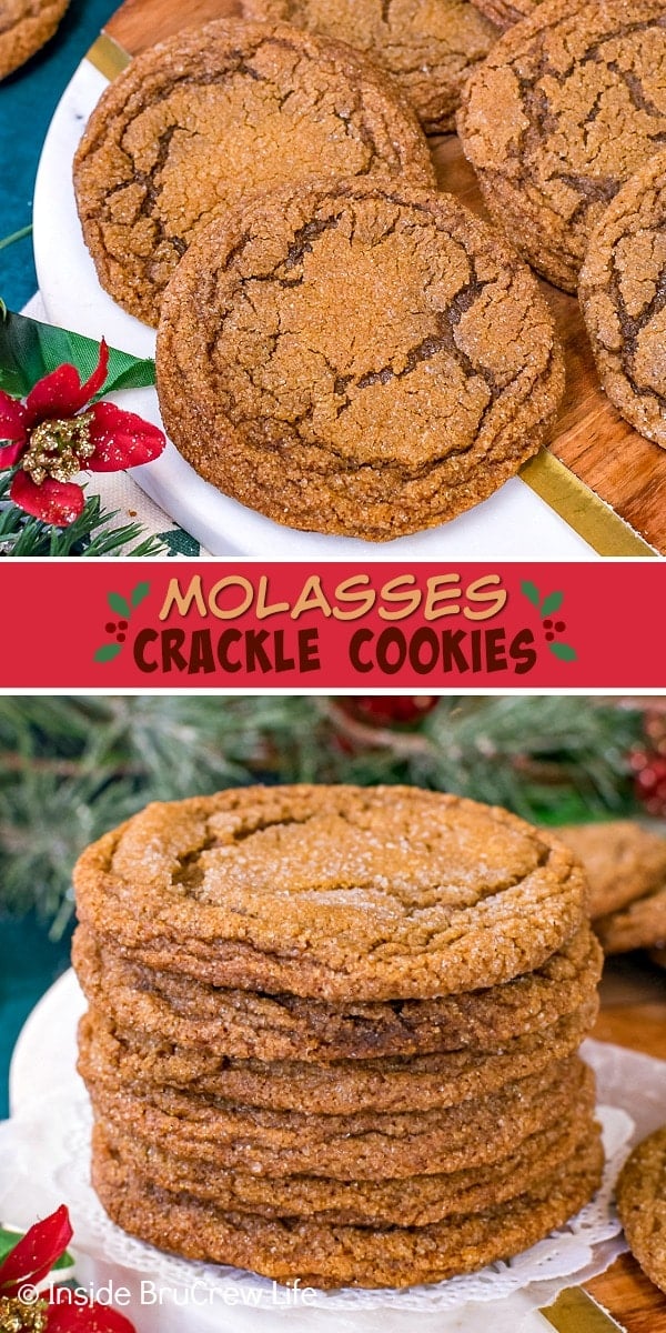 Two pictures of Molasses Crackle Cookies collaged together with a red text box