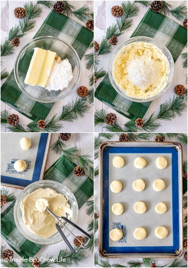 Four pictures collaged together showing how to make peppermint meltaways.