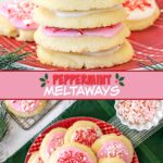 Two pictures of peppermint cookies with a pink text box.