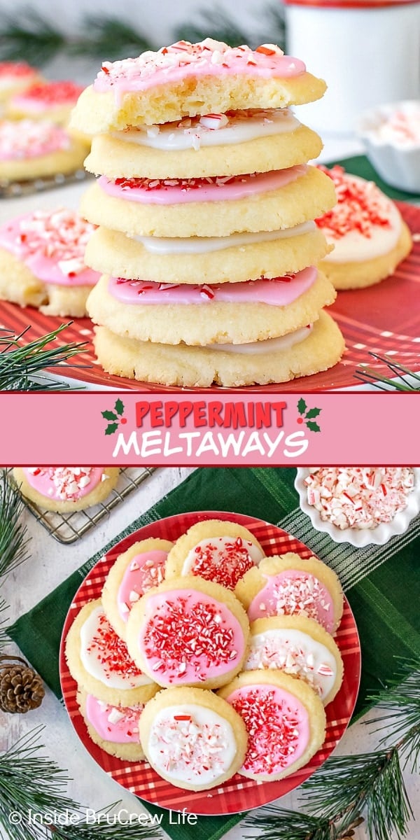 Peppermint Meltaways - these soft, buttery cookies have a peppermint glaze and peppermint candies and will literally melt in your mouth. Make this easy cookie recipe for the holidays. Two pictures of Peppermint Meltaways collaged together with a pink text box