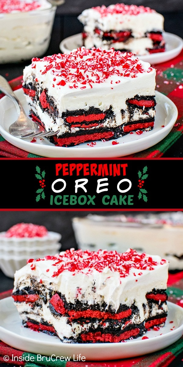 Two pictures of Peppermint Oreo Icebox Cake collaged together with a black text box