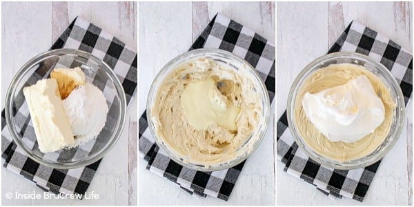 Collage of three photos showing how to make the cheesecake filling for raspberry white chocolate cheesecake parfaits