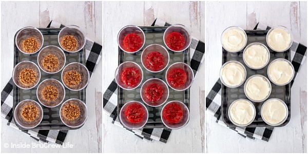 Collage of three photos showing how to do the layers in white chocolate cheesecake parfaits