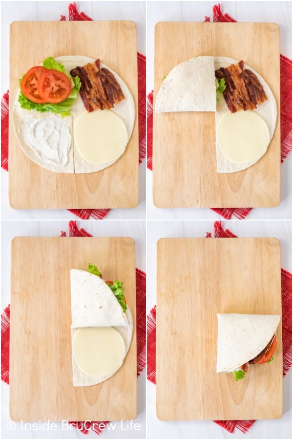 Four photos collaged together showing the steps to fold up a BLT tortilla wrap hack