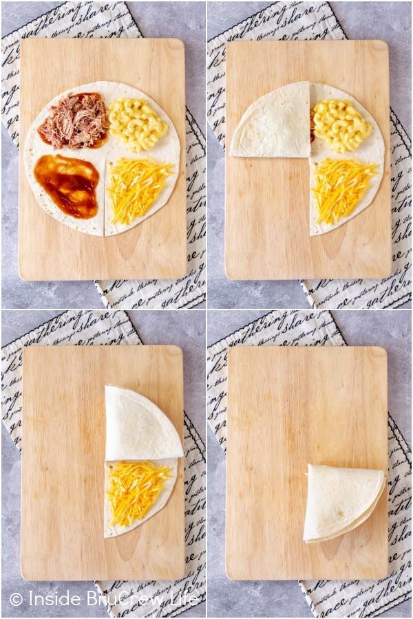 Four pictures collaged together showing the steps to folding a tortilla wrap hack