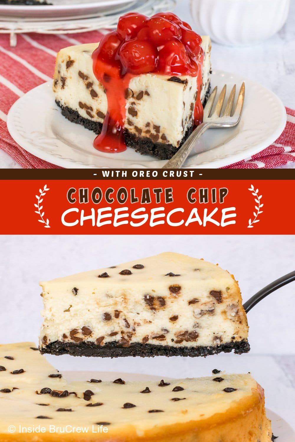 Two pictures of chocolate chip cheesecake collaged together with a red text box.