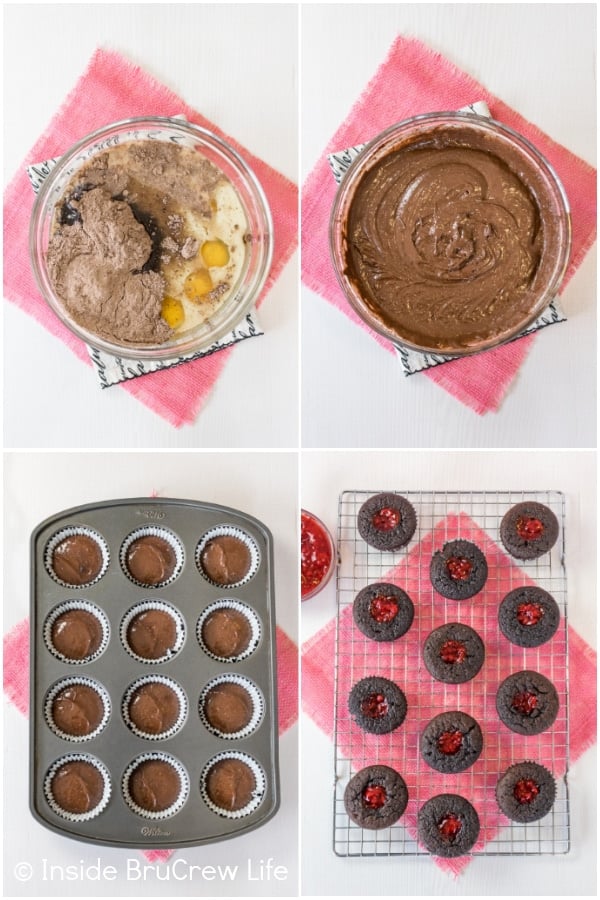 Four pictures collaged together showing the process for making chocolate raspberry cupcakes